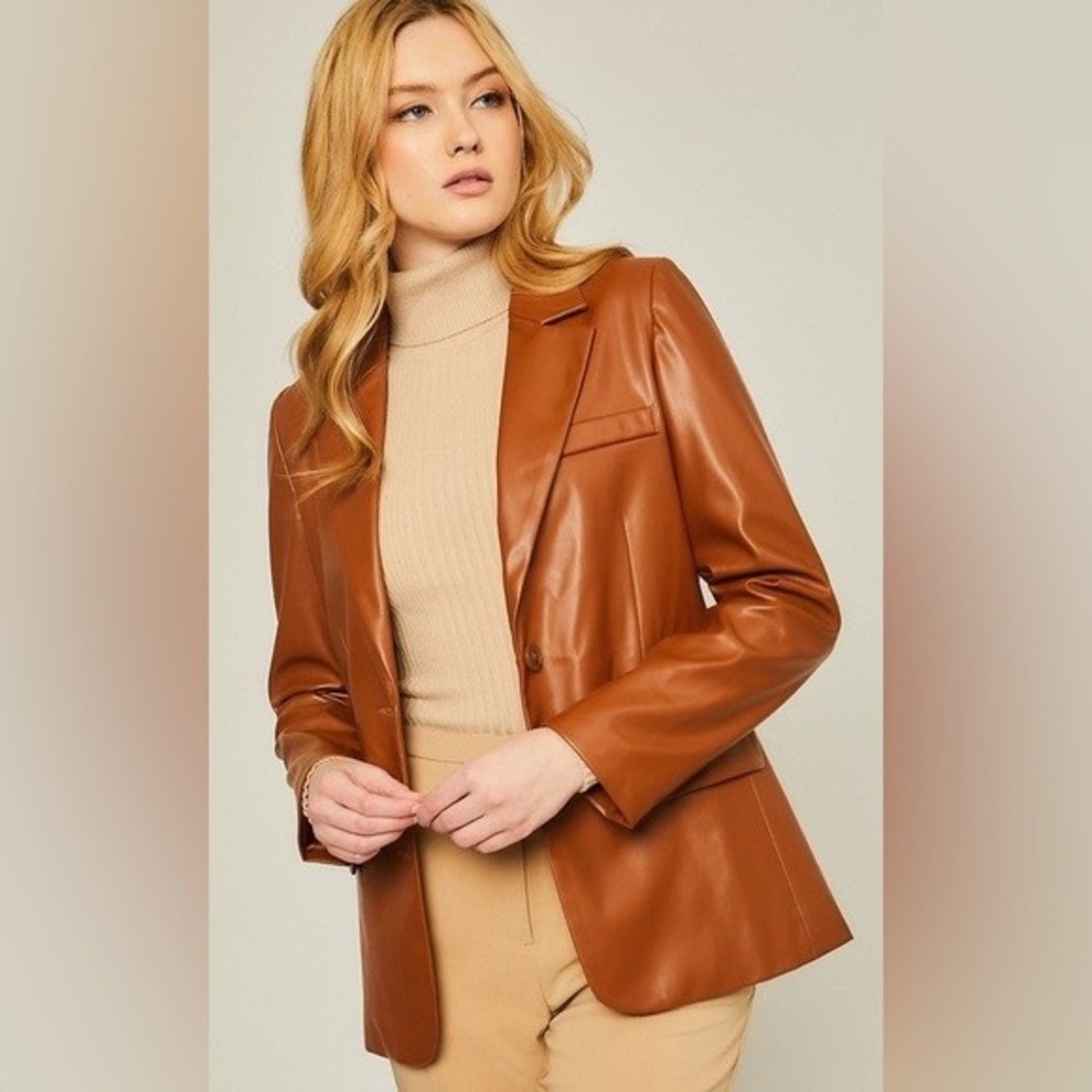 Love Tree Faux Leather Blazer Women Large Brown Cognac 90s Minimalist Moto